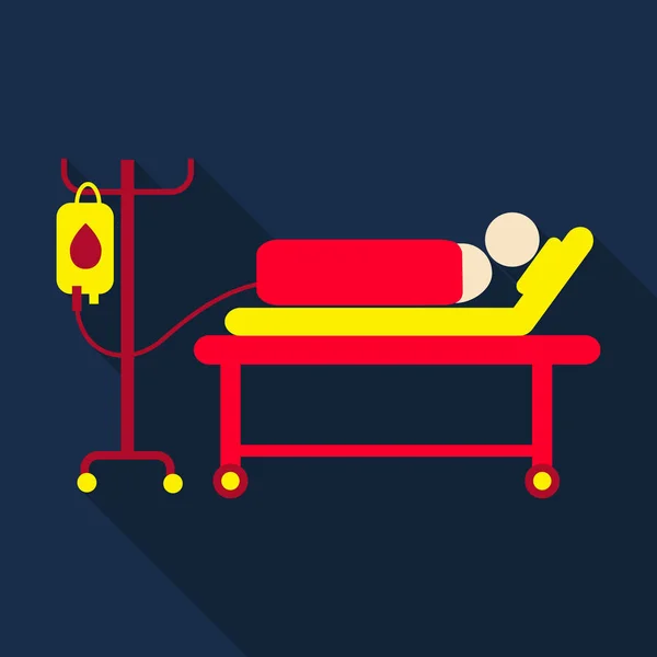 Člověk leží v posteli v nemocniční oddělení. Pacient s vybavením pro krevní transfuzi. Vektorové ilustrace plochý design. Vodorovné rozložení. — Stockový vektor