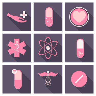 İlaç, eczane, hastane ilaç etiketleri kümesi. İlaç, İlaç sanayii kavramı. Vektör çizim