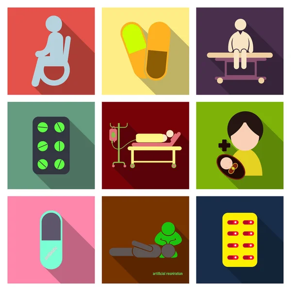 Läkemedel, apotek, sjukhus uppsättning droger med etiketter. Medicin, farmaci koncept. Vektorillustration — Stock vektor