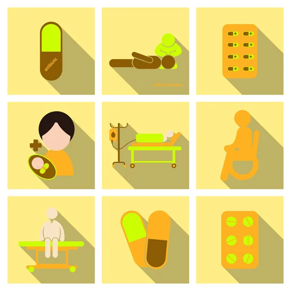 Läkemedel, apotek, sjukhus uppsättning droger med etiketter. Medicin, farmaci koncept. Vektorillustration — Stock vektor
