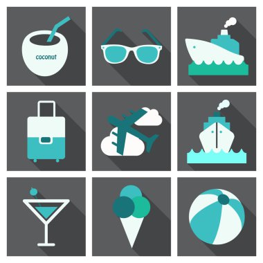 Planlama bir yaz tatili, turizm ve yolculuk nesneleri ve yolcu Bagaj uçakta seyahat uzun gölge efekti ile düz Icons set.