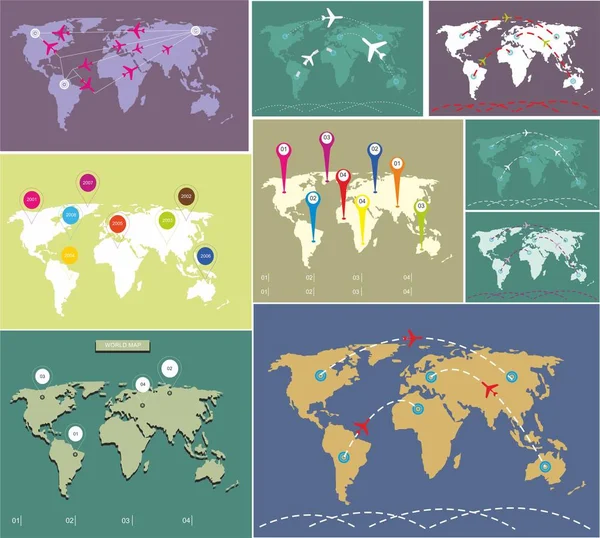 Collection Cartes Monde Avec Marqueurs — Image vectorielle