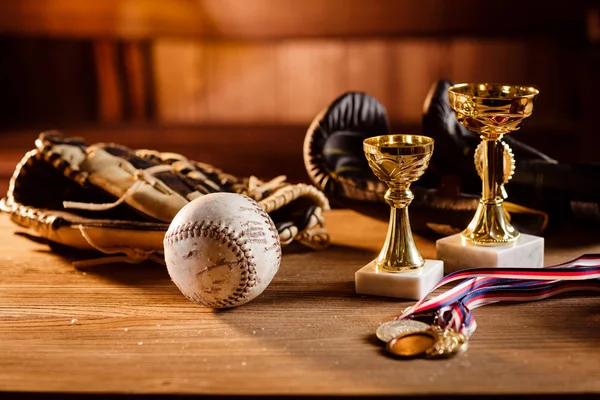 Stilleben av trophy, medaljer, vintage grunge baseball handskar Stockbild