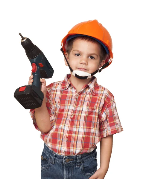 Niño trabajador de la construcción y destornillador — Foto de Stock