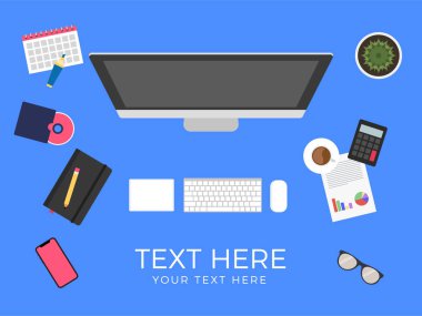 Düz ve Modern Masa Vektörü Elementleri Ofis Bilgisayar Sahnesi