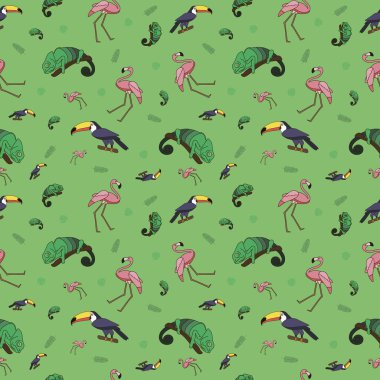 Bukalemun, flamingo ve tukan renkli karikatür simgesiyle kusursuz desen..