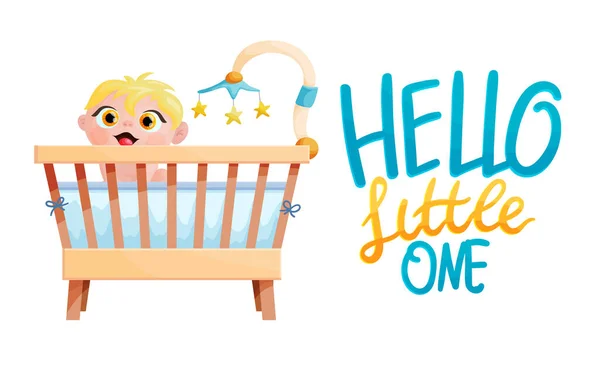 Beşikteki şirin küçük bebek, düz vektör çizimi ve tipografi.