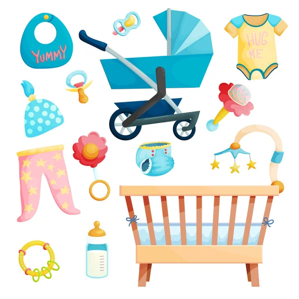 Baby vård tillbehör tecknad klistermärken set — Stock vektor