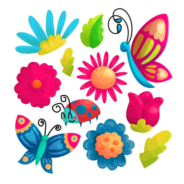 Mariposas y flores de dibujos animados vector pegatinas conjunto — Vector de stock