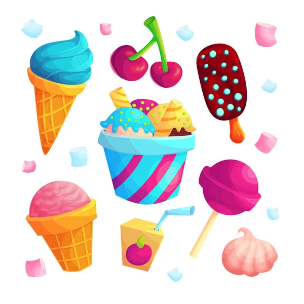 Deliciosos dulces dibujos animados vector pegatinas conjunto — Vector de stock