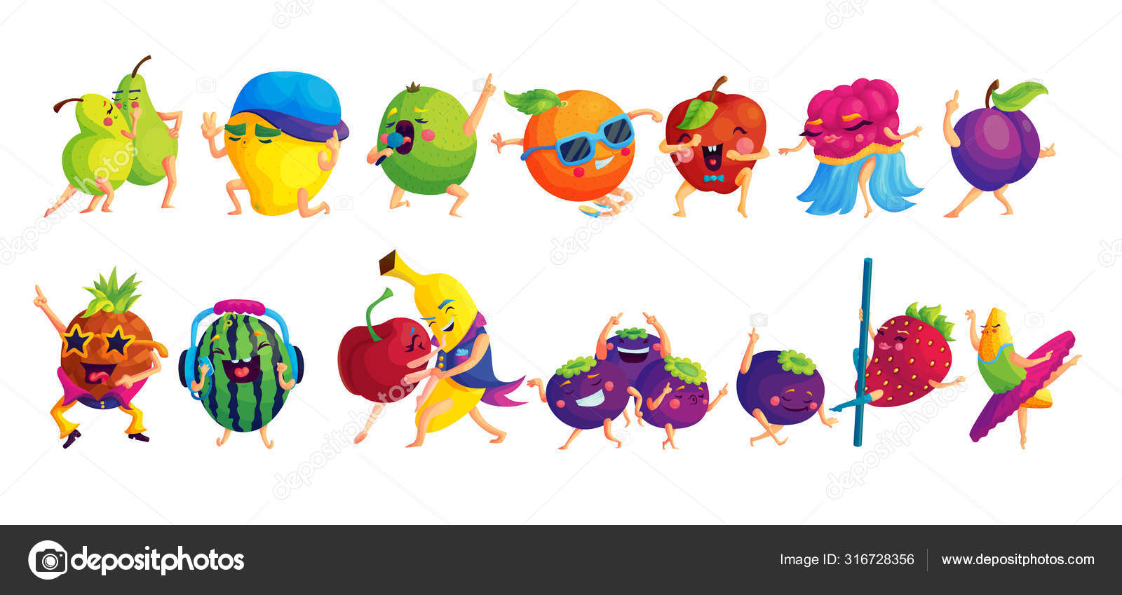 Happy dancing fruits cartoon stickers set Stock Vector Image by