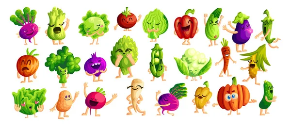 Divertidos vegetales dibujos animados pegatinas conjunto — Vector de stock