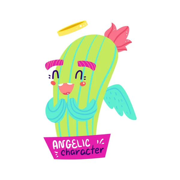 Cartone animato personaggio angelico cactus — Vettoriale Stock