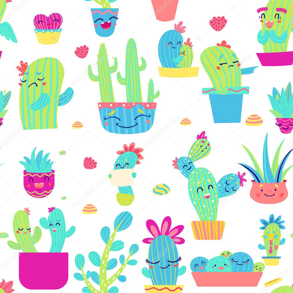 Funny cactus  seamless pattern