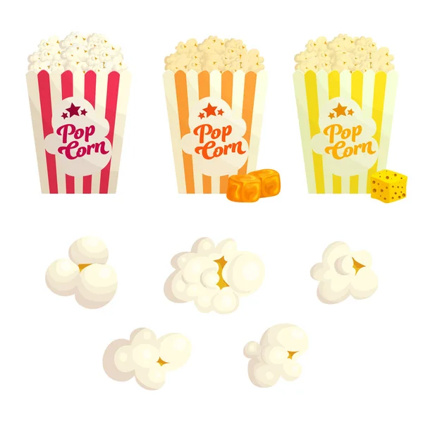Popcorn s různými příchutěmi ploché vektorové ilustrační set — Stockový vektor