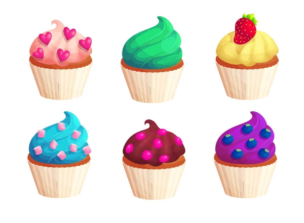 Set d'illustration vectoriel plat de cupcakes colorés doux — Image vectorielle