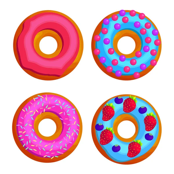 Sweet round doughnuts flat vector illustration set — Stock Vector