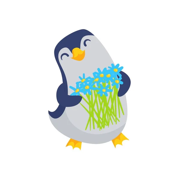 Söt pingvin med bukett blommor — Stock vektor
