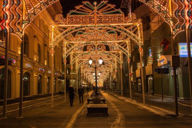 Moskova, Rusya - 13 Ocak 2017: Aydınlatma Nikolskaya St