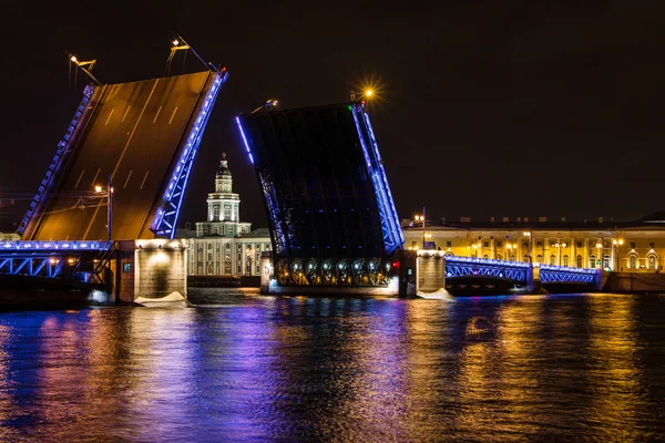 Apertura del Puente del Palacio en San Petersburgo. Vista de la Kunskamera — Foto de Stock