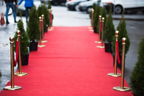 Червоний килим традиційно використовується для позначення маршруту, який приймаються главами держав у церемоніальних та офіційних випадках, і в останні десятиліття був розширений для використання VIP і знаменитостей на офіційних заходах . — стокове фото