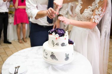 Büyük düğün pastası. Gelin ve damat kesme