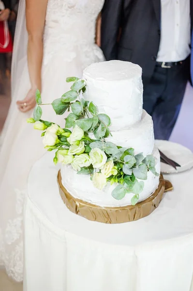 大きなウェディング ケーキ 花嫁と花婿を切断 — ストック写真