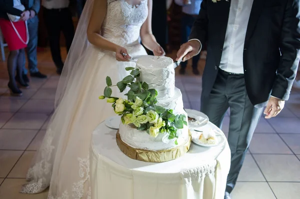 Große Hochzeitstorte Braut Und Bräutigam Schneiden — Stockfoto