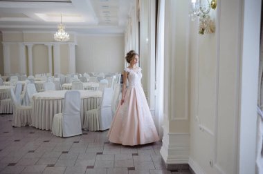 Pencere kenarında gelinlik içinde güzel bir gelin portresi.