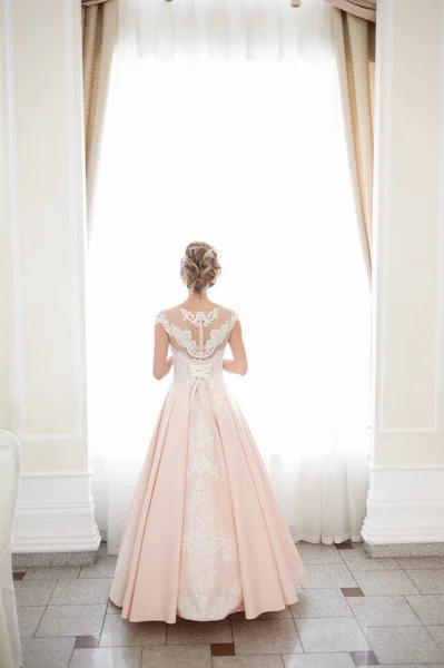 Beautiful Bride Portrait Wedding Dress Window — Stock Photo, Image