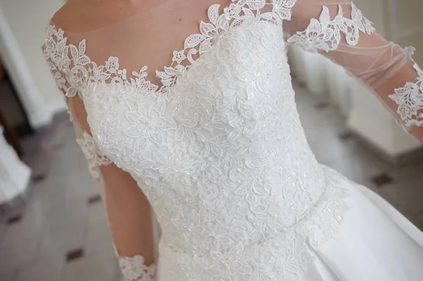Красива Наречена Весільній Сукні Білий Інтер — стокове фото