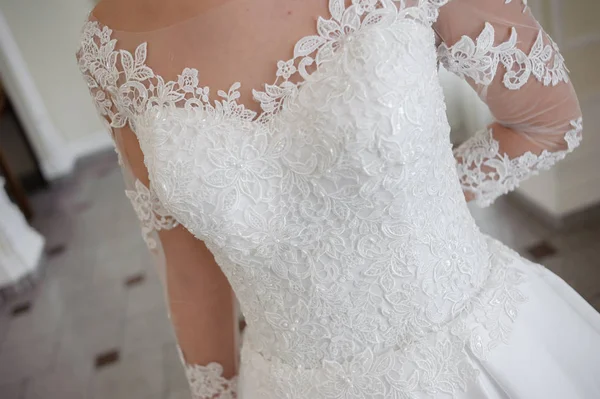Красива Наречена Весільній Сукні Білий Інтер — стокове фото