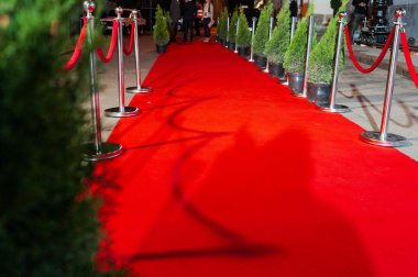 Özel bir etkinlikte kırmızı halı. Ödül töreni kırmızı halı festivali ya da ünlü giriş konsepti.