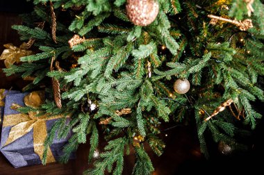 Klasik yılbaşı, yeni yıl dekore edilmiş iç mekan ağacı. Altın madalyalı Noel ağacı. Modern beyaz klasik tarz iç tasarım