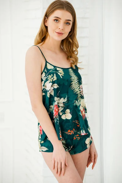 Beautiful Young Woman Green Underwear White Interior — Stock Photo, Image