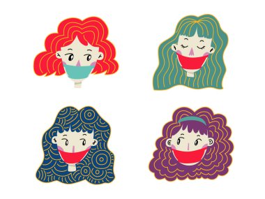 Virüsü önlemek için koruyucu tıbbi maske takan kadınlar. Kızlar takımı. Klasik renkli karalama çizgi film karakterleri. Cerrahi giyiyorum. Karantina tıbbi koruyucu maskesi. Coronavirus konsepti.