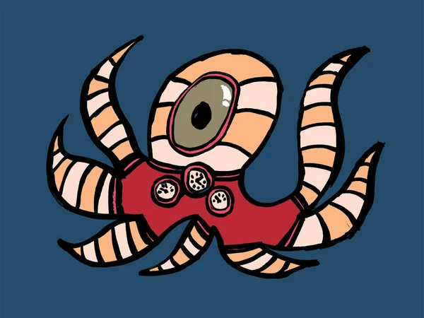 Octopus Cartoon Mascot Character Space Vector Doodle Illustration Grunge Hand — Stock Vector