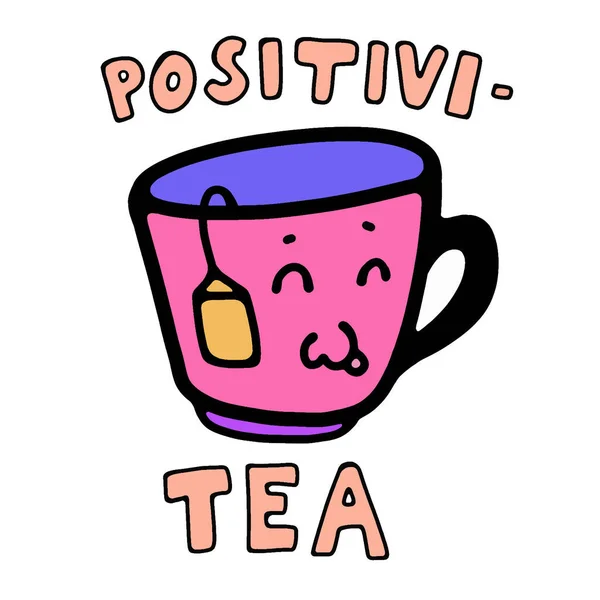 Cute Happy Cartoon Tasse Tee Mit Teebeutel Auf Weißem Hintergrund — Stockvektor