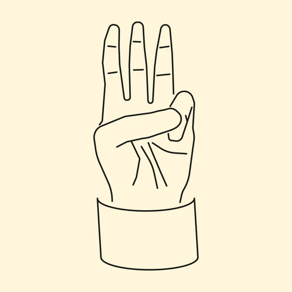 フラットアイコンを3本の指を示す漫画の手 黄色で区切られた3番目のベクトル図 ハンドジェスチャーシンプルなラインデザイン — ストックベクタ