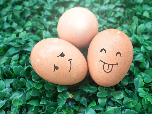 Tre æg med smil tegning sat på det grønne græs . - Stock-foto