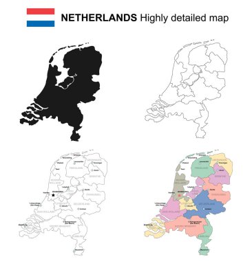 Hollanda - izole vektör son derece detaylı siyasi harita ile