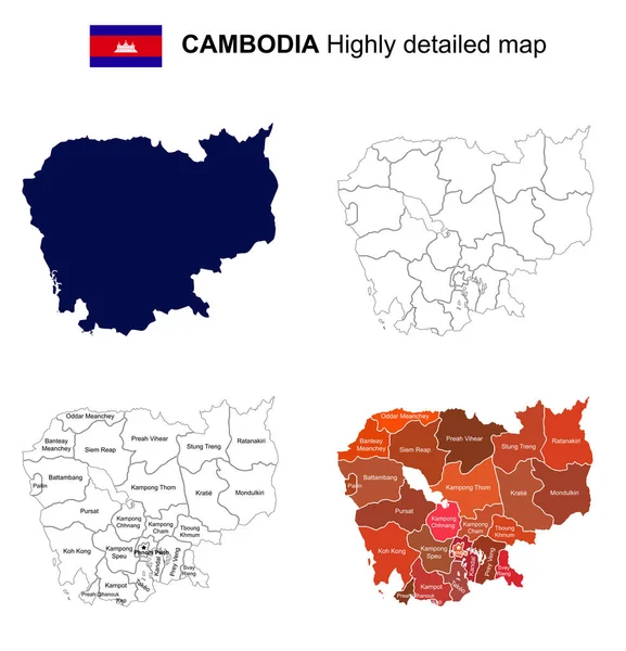 Cambodge - Vecteur isolé carte politique très détaillée avec — Image vectorielle