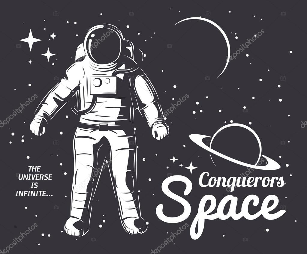 Traveler universe. universe researcher.Man in suit on the background of the infinite universe.The illustration on the theme of science, space exploration and space.
