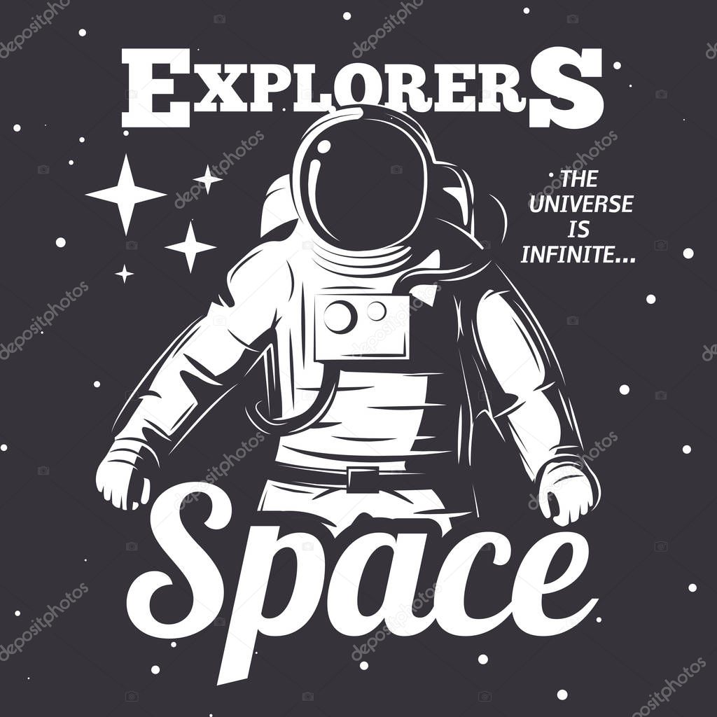 Traveler universe. universe researcher.Man in suit on the background of the infinite universe.The illustration on the theme of science, space exploration and space.