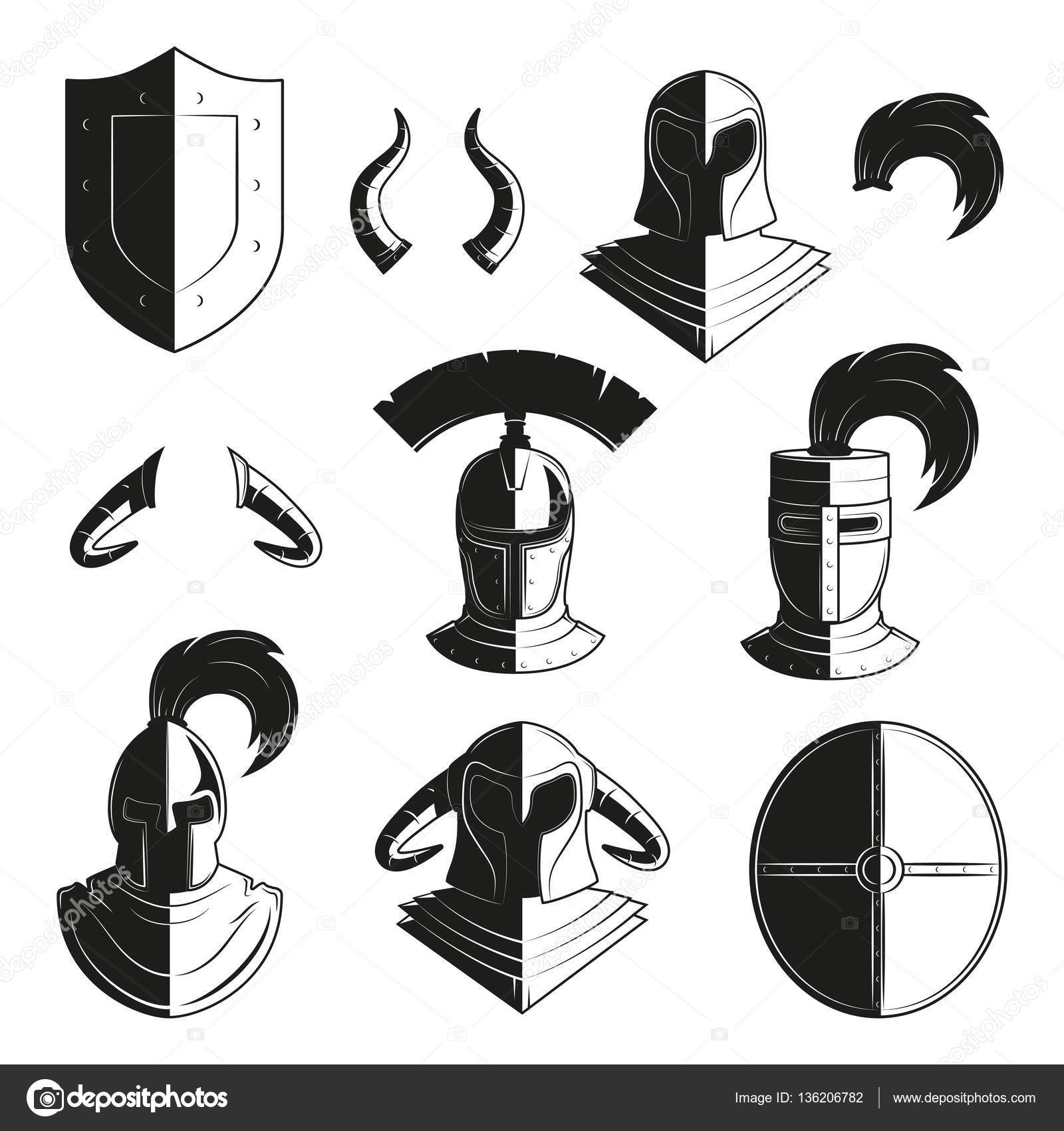Vector set of icons of ancient helmets and Stock
