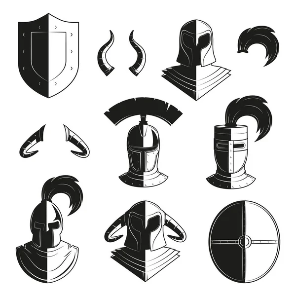 Vector set van pictogrammen van oude helmen en bescherming. — Stockvector