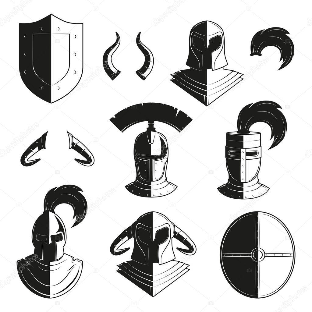 Vector set of icons of ancient helmets and protection. Icon images armor for design posters, logos, stickers. Armor, shields, helmets and knights. Medieval armor icon set.
