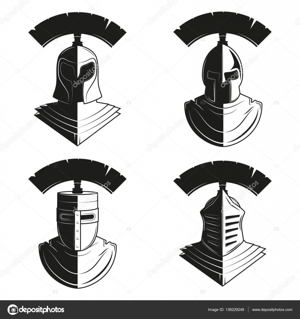 Vector set of icons of ancient helmets and Stock