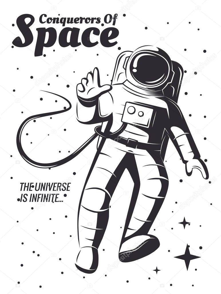 Vector illustration of space explorers. Traveler universe. universe researcher.Man in suit on the background of the infinite universe.The illustration on the theme of science, space exploration.