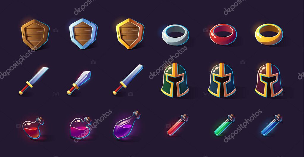 Set of vector icons, objects, things, item. Game concept and design. Design element. Magical magic. Game assets and tile. Fantasy, fiction style.